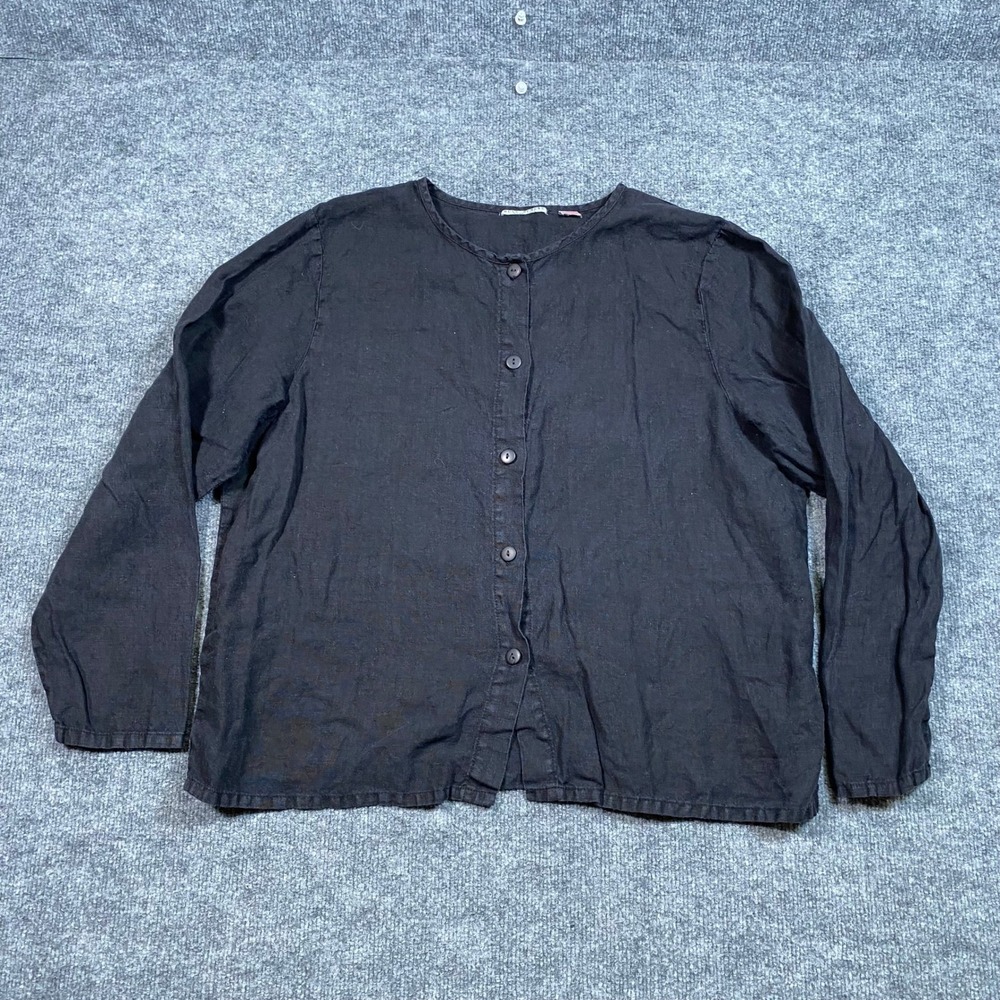 Russ Berens Malibu Womens Large Black 100% Linen Button Front Top Made in USA